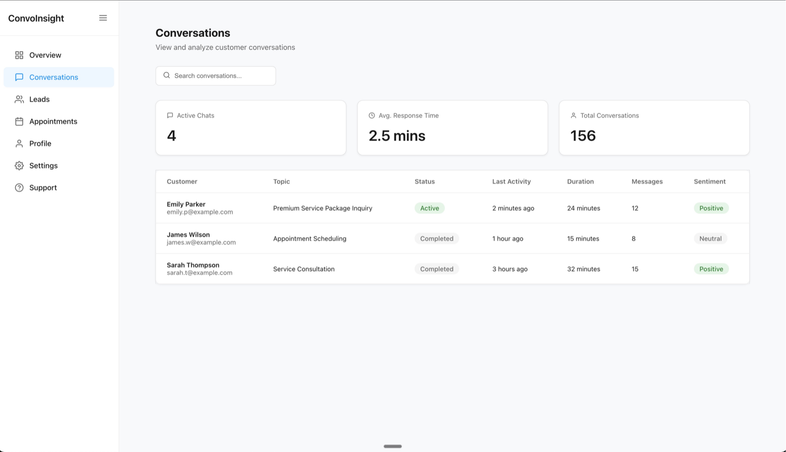ConvoInsight conversations view with sentiment and AI summaries